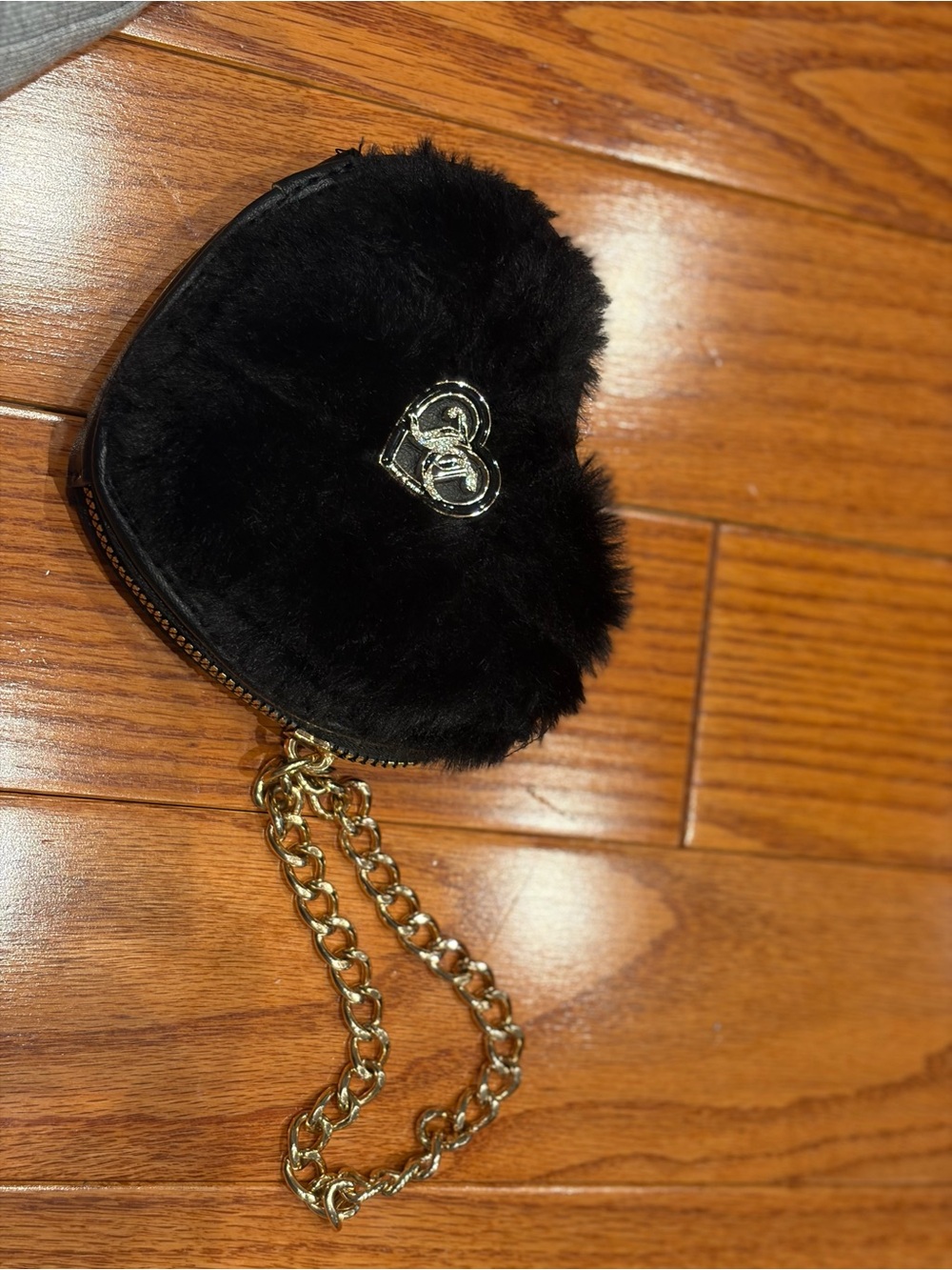 Juicy Couture Black Fuzzy Heart Wristlet with Gold Chain